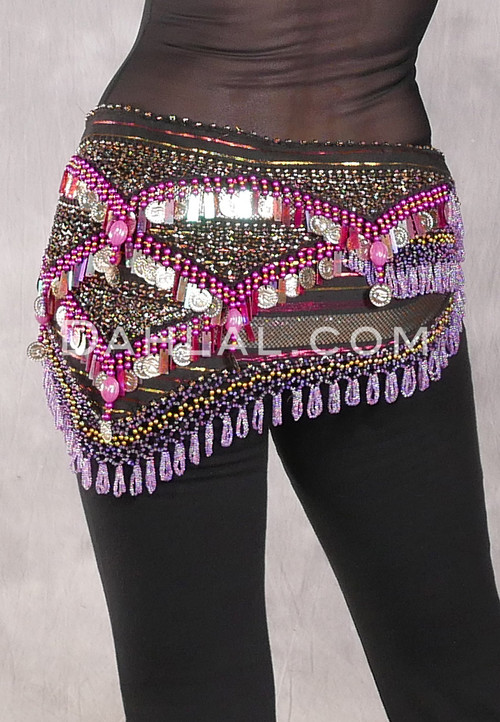Egyptian Deep V Beaded Hip Wrap and Metallic Beads - Metallic Stripe with Orchid, Fuchsia and Gold