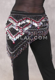 GRAND PYRAMID Egyptian Bead and Coin Hip Scarf - Black with Silver, Red and Multi-color