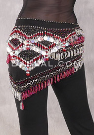 GRAND PYRAMID Egyptian Bead and Coin Hip Scarf - Black with Silver, Red and Red Iris