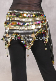 Egyptian Wave Teardrop Hip Scarf with Coins and Paillettes - Metallic Stripe with Gold, Green and Multi-color