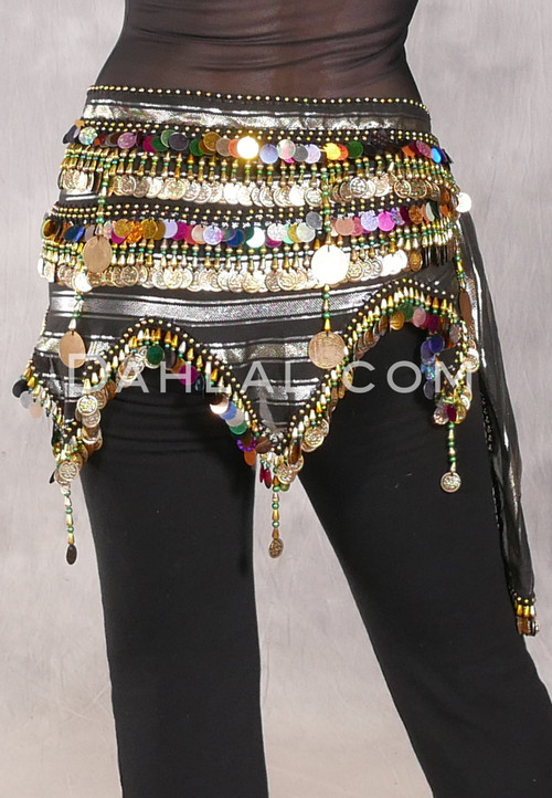 Egyptian Wave Teardrop Hip Scarf with Coins and Paillettes - Metallic Stripe with Gold, Green and Multi-color