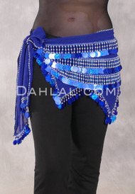 Egyptian Wave Hip Scarf with Beads and Paillettes - Royal Blue with Royal Blue and Silver