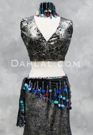 Paillette and Beaded Fringe Head and Hip Scarf Set- Black Velvet with Multi-Color