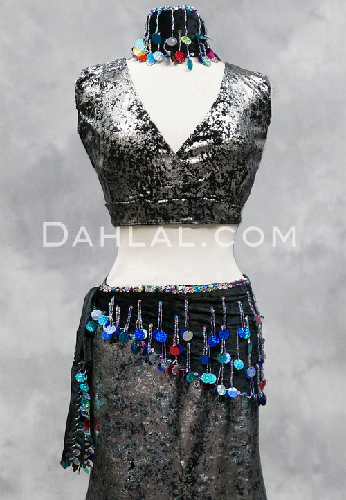Paillette and Beaded Fringe Head and Hip Scarf Set- Black Velvet with Multi-Color