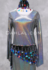 Paillette and Beaded Fringe Head and Hip Scarf Set- Black Velvet with Multi-Color