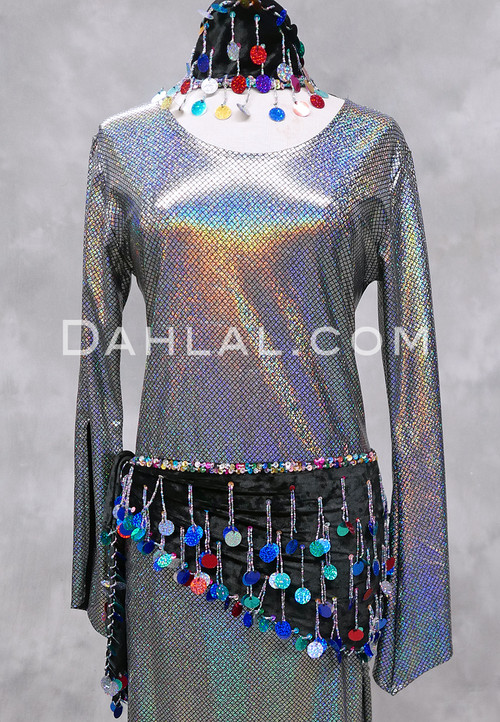 Paillette and Beaded Fringe Head and Hip Scarf Set- Black Velvet with Multi-Color