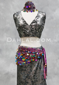Paillette and Beaded Fringe Head and Hip Scarf Set- Dark Magenta Velvet with Multi-Color