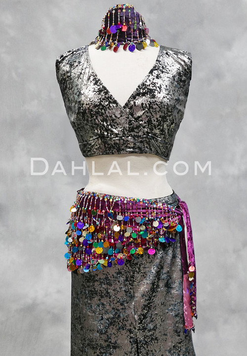 Paillette and Beaded Fringe Head and Hip Scarf Set- Dark Magenta Velvet with Multi-Color