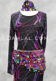 Paillette and Beaded Fringe Head and Hip Scarf Set- Dark Magenta Velvet with Multi-Color