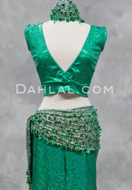 Paillette and Beaded Fringe Head and Hip Scarf Set- Metallic Green with Kelly Green