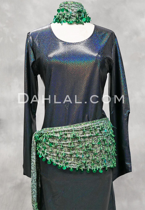 Paillette and Beaded Fringe Head and Hip Scarf Set- Metallic Green with Kelly Green