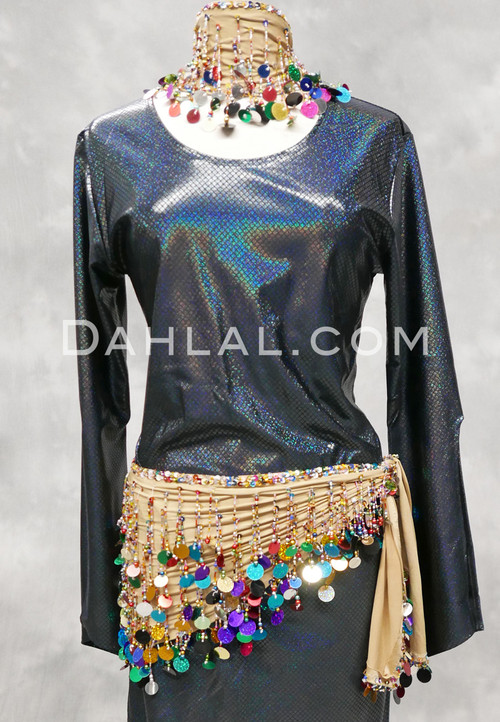 Paillette and Beaded Fringe Head and Hip Scarf Set- Nude Lycra with Multi-Color