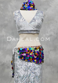 Paillette and Beaded Fringe Head and Hip Scarf Set- Metallic Silver with Multi-Color