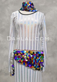 Paillette and Beaded Fringe Head and Hip Scarf Set- Metallic Silver with Multi-Color