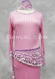 Paillette and Beaded Fringe Head and Hip Scarf Set- Metallic Pink with Purple and Pink Iris
