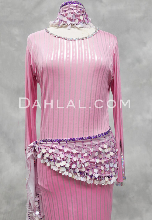 Paillette and Beaded Fringe Head and Hip Scarf Set- Metallic Pink with Purple and Pink Iris