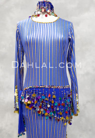 Paillette and Beaded Fringe Head and Hip Scarf Set- Royal Blue Lycra with Multi-Color