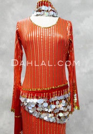 Paillette and Beaded Fringe Head and Hip Scarf Set- Red Velvet with Silver and Gold