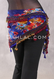 DYNASTY Wide Row Beaded Hip Scarf - Multi-color Floral with Gold, Royal Blue and Red
