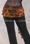 Beaded 2-Row Egyptian Stone Studded Chiffon Hip Scarf - Floral Print with Metallic Gold, Goldenrod and Copper