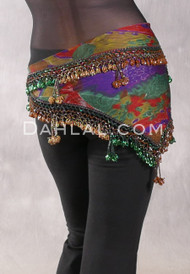 DYNASTY Wide Row Beaded Hip Scarf - Multi-color Graphic Print with Gold, Gold Iris and Green