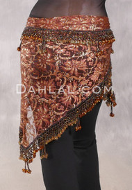 DYNASTY Wide Row Beaded Hip Scarf - Warm Brown and Gold Lace with Copper and Gold