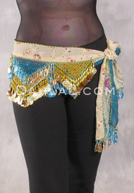 Egyptian Hip Scarf With Beads And Coins - Floral Print with Metallic Gold, Gold and Turquoise Iris