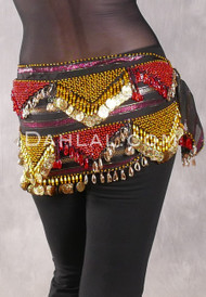 Egyptian Hip Scarf With Beads And Coins - Metallic Stripe on Black with Red and Gold