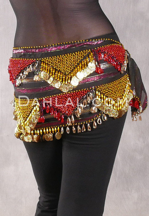 Egyptian Hip Scarf With Beads And Coins - Metallic Stripe on Black with Red and Gold