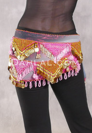 Egyptian Hip Scarf With Beads And Coins - Pink and Charcoal Gradient Print with Gold and Pink