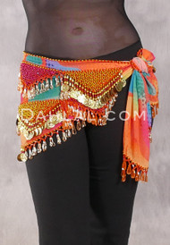 Egyptian Hip Scarf With Beads And Coins - Graphic Print with Gold, Red and Light Orange