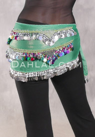 Egyptian Hip Scarf With Beads And Coins - Metallic Green with Silver and Multi-color