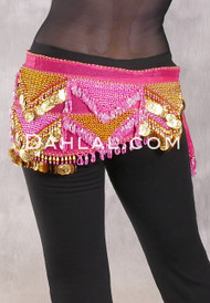 Egyptian Hip Scarf With Beads And Coins - Pink Organza with Gold and Pink