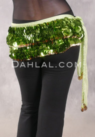 DENDERA Two Layer Paillette and Coin Egyptian Hip Scarf - Light Lime with Lime and Gold