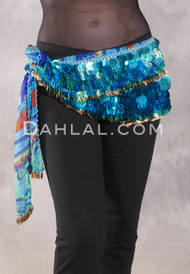 DENDERA Two Layer Paillette and Coin Egyptian Hip Scarf - Graphic Print with Turquoise and Gold
