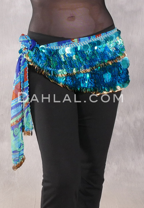 DENDERA Two Layer Paillette and Coin Egyptian Hip Scarf - Graphic Print with Turquoise and Gold