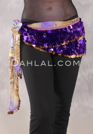 DENDERA Two Layer Paillette and Coin Egyptian Hip Scarf - Graphic Print with Purple and Gold