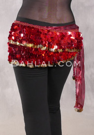 DENDERA Two Layer Paillette and Coin Egyptian Hip Scarf - Wine with Red and Gold