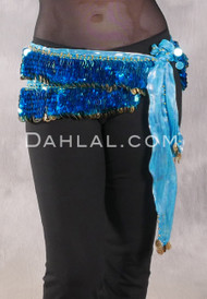 DENDERA Two Layer Paillette and Coin Egyptian Hip Scarf - Turquoise with Turquoise and Gold