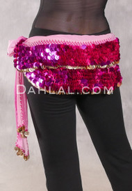 DENDERA Two Layer Paillette and Coin Egyptian Hip Scarf - Gradient Pink with Fuchsia and Gold