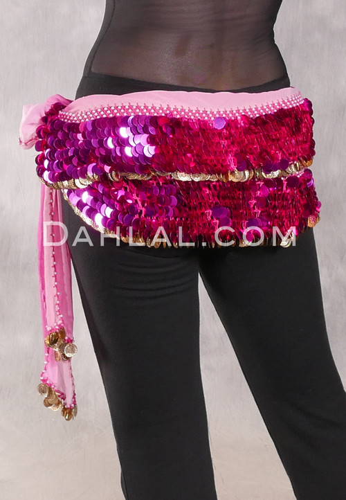 DENDERA Two Layer Paillette and Coin Egyptian Hip Scarf - Gradient Pink with Fuchsia and Gold