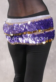 DENDERA Two Layer Paillette and Coin Egyptian Hip Scarf - Gray with Lavender and Gold