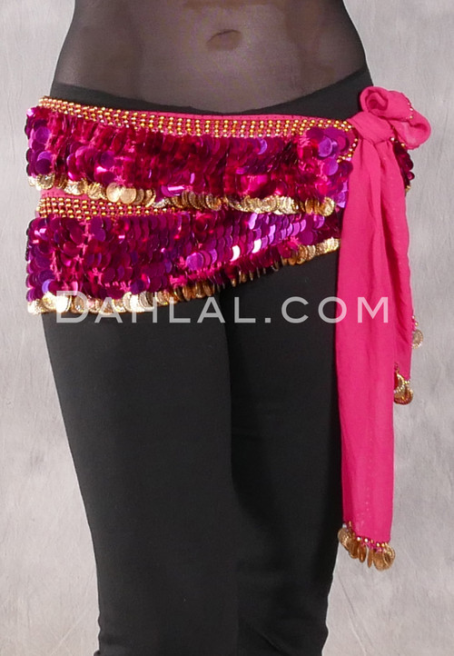 DENDERA Two Layer Paillette and Coin Egyptian Hip Scarf - Deep Pink with Fuchsia and Gold