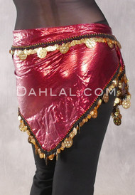 Single Row Egyptian Coin Hip Scarf with Multi-size Coins - Metallic Red with Gold