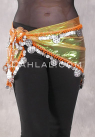 Single Row Egyptian Coin Hip Scarf with Multi-size Coins -Iridescent Orange with Silver