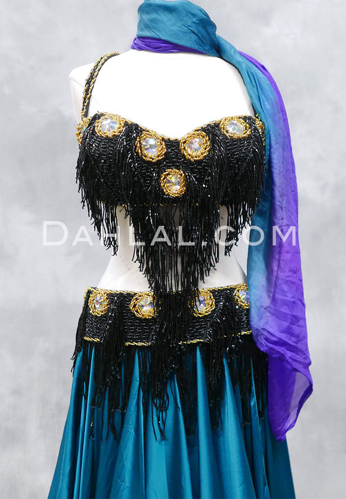 TAHIA Egyptian Beaded Bra and Belt Set - Black & Gold