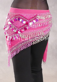 Egyptian Deep V Beaded Hip Wrap and Metallic Beads - Fuchsia with Silver, Fuchsia and Pink Iris
