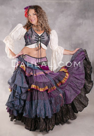 MOON FLOWER 25 Yard Silk Printed Ruched Skirt - Dusty Fuchsia, Black, Dusty Orchid, Iridescent Blue and Gold