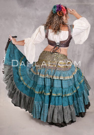 MOON FLOWER 25 Yard Silk Printed Ruched Skirt - Dusty Teal, Aqua, Wine and Gold