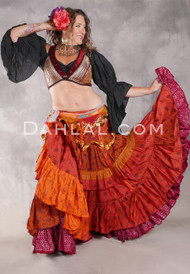 MOON FLOWER 25 Yard Silk Printed Ruched Skirt - Orange, Red, Dark Green, Black and Gold